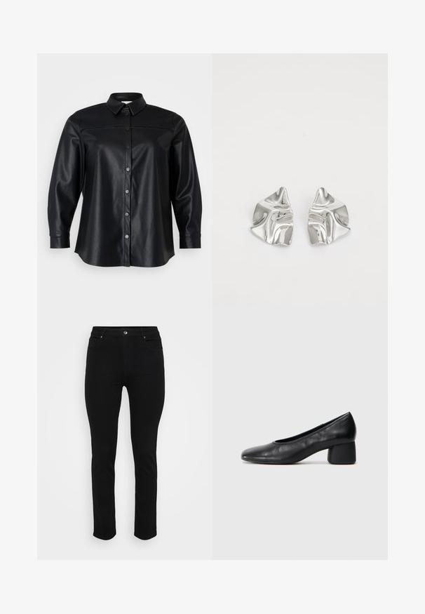 Melnas mākslīgās ādas krekls ar klasisku apkakli, garām piedurknēm, pogu aizdari un gludu tekstūru. Ievērību piesaista šuvju detaļas krūšu daļā.; Melnas džinsus ar šauru piegriezumu, piecu kabatu dizainu, priekšējo pogu aizdari un vieglu stiepšanos komfortam. Gluda, izlīdzināta tekstūra ar minimālu dekoru.; Melna ādas kurpe ar noapaļotu purngalu un vidēja izmēra blokkāju. Gluda tekstūra ar minimāliem dekoriem, ar delikātu elastīgu atveri.; Sudraba metāla auskari ar viļņainu, skulpturālu dizainu, kas izceļas ar pulētu apdari un neregulārām formām, uzsverot mūsdienīgu estētiku.