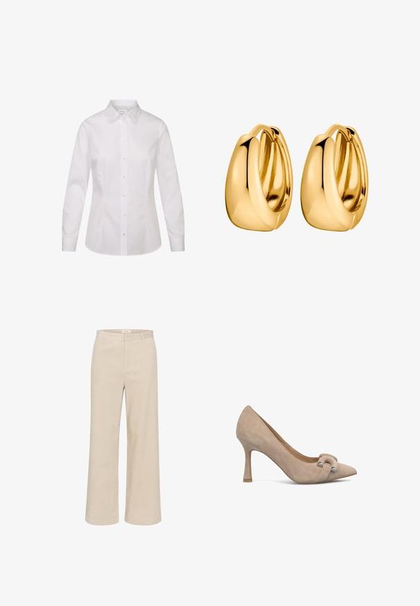 White long-sleeve shirt in smooth fabric, featuring a classic collar, button front closure, and a fitted design.; Beige wide-leg corduroy trousers featuring a subtle ribbed texture, belt loops, front zipper, and two side pockets.; Beige suede high-heeled pump with a pointed toe, featuring a knot detail and silver-tone hardware on the front, slender heel design.; Gold-tone hoop earrings featuring a smooth, rounded design with a polished finish and subtle overlapping shapes for an elegant look.