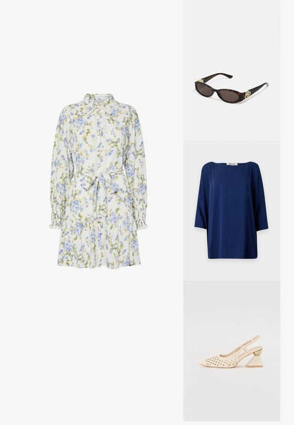 Marineblå løs top med bred udskæring og halværmer, der har en glat tekstur og minimalistisk design.; Blomsterkjole i hvid med blå og grønne blomster, med krave, knaplukning foran, lange ærmer med elastiske manchetter og et bånd i taljen.; Beige slingback sko med perforeret overdel, spids tå og en kontrasterende trekantet hæl med en guldfarvet detalje. Glat tekstur generelt.; Skildpaddemønster solbriller med aflange ovale linser, brun farve, guldlogo accenter på stængerne og slanke sorte arme.; Beige mønsteret taske med en buet form, læderdetaljer og et guldtonet logo på fronten. Har et kort håndtag for nem bæring.