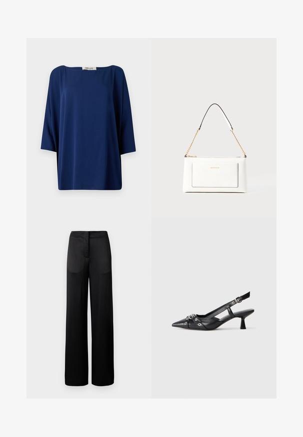 Nautičkoplava, labavo krojena majica s širokim izrezom i polu rukavima, koja se odlikuje glatkom teksturom i minimalističkim dizajnom.; Široke crne hlače s teksturiranom površinom, s ravnim pojasom i dva bočna džepa. Tkanina djeluje lagano i lepršavo.; Crne kožne cipele s remenom oko pete, s izduženim vrhom, dekorativnim trakama s metalnim rupama i niskom blok petom. Teksturirana površina.; Bijela kožna torba s teksturiranim završetkom, koja ima zlatni lančić i crne akcentne detalje. Uključuje prednji džep i zatvaranje na patentni zatvarač.