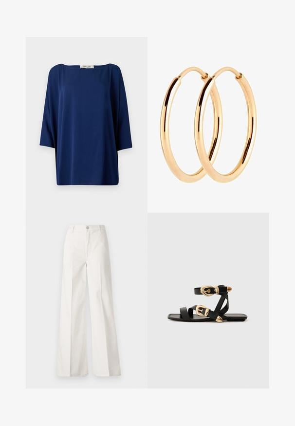 Marineblaue, locker sitzende Bluse mit weitem Halsausschnitt und halblangen Ärmeln, die eine glatte Textur und ein minimalistisches Design aufweist.; Weiße weite Hosen aus Baumwolle mit glatter Textur. Sie verfügen über einen vorderen Knopf, einen Reißverschluss und ein Design mit vier Taschen.; Schwarze Ledersandalen mit goldenen Schnallenakzenten, die mehrere Riemen und ein flaches Sohlendesign für das Tragen mit offenen Zehen bieten.; Goldfarbene Metall-Hoops mit einer glatten, polierten Oberfläche. Kreisförmige Form mit gleichmäßiger Breite und nahtlosem Verschluss.
