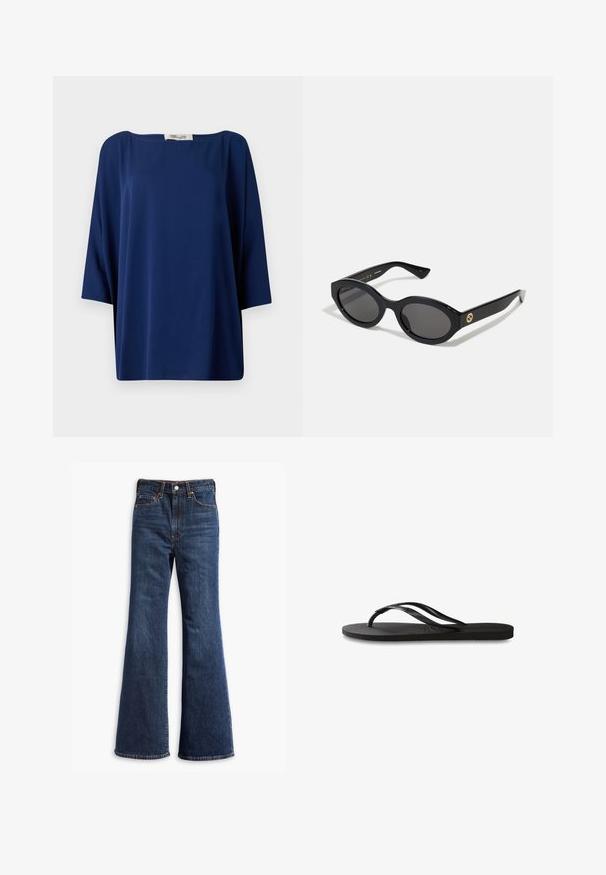 Navyblauw losvallend topje met een wijde halslijn en halve mouwen, met een gladde textuur en een minimalistisch ontwerp.; Hogegarende donkerblauwe denim jeans met flared pijpen, sluiting met een knoop en rits aan de voorkant, en ontwerp met vijf zakken.; Zwarte flip-flop met een gestructureerde rubberen zool, twee slanke banden en een subtiele, ingedrukte logo-detail op de band.; Zwarte ovale zonnebril met donkere glazen en een glanzend kunststof frame. Heeft een gouden logo op de poot, dat een strakke en moderne uitstraling biedt.; Zwarte leren handtas met een gestructureerde rechthoekige vorm. Voorzien van een gouden ovale sluiting en een dunne schouderband. Glad van textuur.