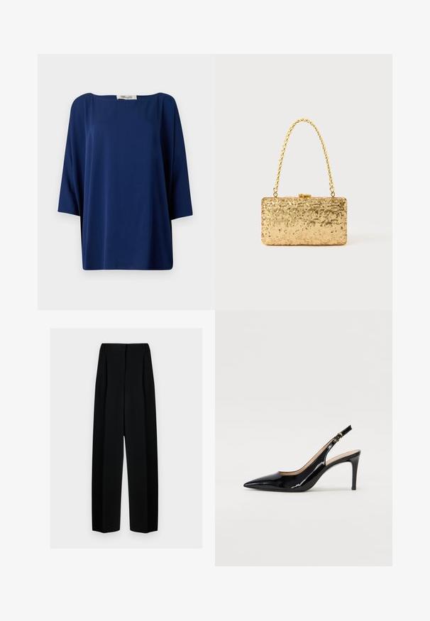 Navy blue loose-fitting top with a wide neckline and half sleeves, featuring a smooth texture and minimalist design.; Black wide-leg trousers with a high waist, featuring pleats and a smooth texture. The fabric appears lightweight and drapes elegantly.; Black patent leather slingback pump with pointed toe, slim heel, and a subtle cutout design. Features a gold buckle on the strap.; Gold sequin clutch with a rectangular shape, featuring a twisted chain handle and a metal clasp closure, reflecting light with a textured finish.