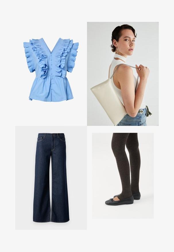 Blusa de manga corta azul claro con cuello en V, botones en el frente, amplios volantes pliegues en los hombros y el pecho, y una cintura peplum fruncida.; Jeans de pierna ancha en denim azul oscuro. Presenta costuras en contraste, cinco bolsillos y un cierre de botón en la cintura. Textura suave.; Zapatos planos negros con un pequeño lazo en la punta, combinados con medias de punto en marrón oscuro. Los zapatos tienen una textura suave y un perfil bajo.; Bolso de mano rectangular blanco, hecho de un material brillante, con una cadena plateada. La modelo posa, mostrando el bolso frente a un fondo liso.