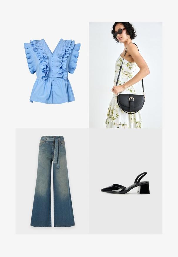 Light blue short-sleeve blouse with V-neck, front buttons, wide pleated ruffles on shoulders and chest, and gathered peplum waist.; Wide-leg denim trousers featuring a light to dark blue gradient, high waist, belt loops, and a matching fabric belt. Textured denim finish.; Black patent leather slingback heels with a pointed toe and a geometric block heel. Features a sleek, minimal design and smooth texture.; Black leather handbag with a curved shape, detachable strap, and gold hardware. The bag features a flap with a buckle detail.