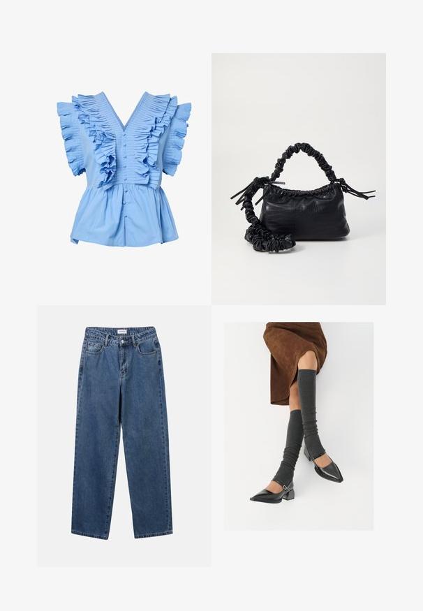 Lichtblauwe blouse met korte mouwen, V-hals, knopen aan de voorkant, brede geplooide ruffles op de schouders en borst, en een geraffineerde peplum taille.; Klassieke blauwe denim jeans met een rechte pijp, vijf zakken en een knoopsluiting. Heeft een middelgrote wasbeurt en stevige textuur.; Zwarte gepatineerde leren pumps met een puntige neus, een blokhak en een enkelbandje, gecombineerd met grijze geribde beenwarmers en een bruine suède rok.; Zwarte nepleer handtas met een krokodillenstructuur, opgedroogde bovenkant en een gekreukte hengsel. Het lijkt zacht en compact van ontwerp.