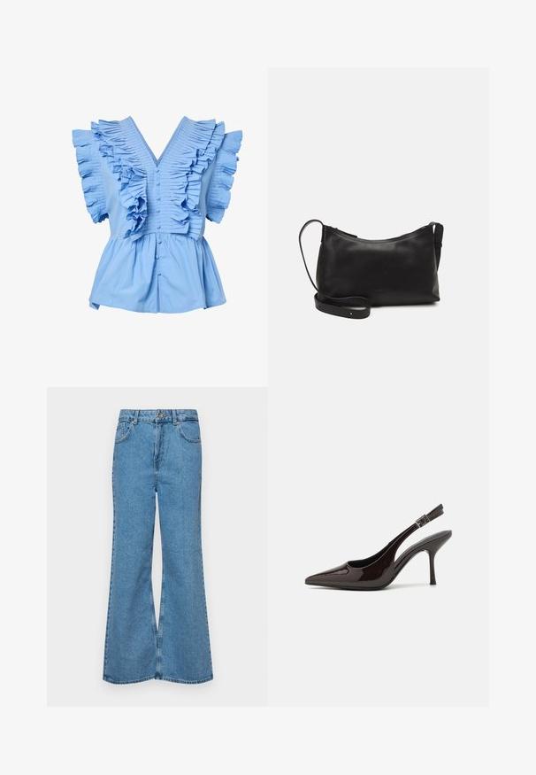 Jasnoniebieska bluzka z krótkim rękawem, z dekoltem w kształcie litery V, z guzikami z przodu, szerokimi plisowanymi falbanami na ramionach i klatce piersiowej oraz zgromadzonym pasem w talii.; Jasnoniebieskie dzwony z denimu, z wysokim stanem, pięcioma kieszeniami i zapięciem na jeden guzik. Miękka tekstura z wyblakłym wykończeniem.; Sandały na obcasie typu slingback z błyszczącej ciemno-brązowej lakierowanej skóry, w szpic, z otwartymi bokami i regulowanym paskiem wokół kostki.; Czarna skórzana torba na ramię o gładkiej fakturze, zakrzywionym kształcie, regulowanym pasku i zapięciu na zamek. Minimalistyczny design bez zdobień.