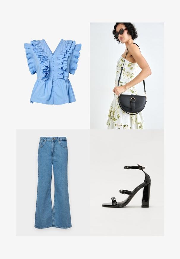 Šviesiai mėlyna trumpomis rankovėmis bluzonė su V formos iškirpte, priekiniaismygtukais, plačiomis klostuotomis raukšlėmis ant pečių ir krūtinės bei susirinkusia peplumo juosta.; Šviesiai mėlynos flared džinsai, pagaminti iš džinsinio audinio, su aukštu liemeniu, penkiomis kišenėmis ir vienu mygtuko užsegimu. Minkštas paviršius su išblukusiu efektu.; Juoda blizgi lakuota basutė su kvadratiniu pirštu, kulkšnies dirželiais ir sidabro sagtimis. Yra tvirta blokinė kulno konstrukcija, užtikrinanti stabilumą.; Juodas odinis krepšys su išlenkta forma, nuimamu dirželiu ir auksiniais detalėmis. Krepšys turi kilpą su sagtimi.