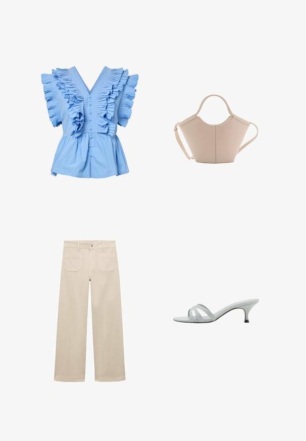 Blusa azzurro chiaro a maniche corte con scollatura a V, bottoni frontali, ampie ruches plissettate sulle spalle e sul petto, e vita peplo arricciata.; Pantaloni beige a gamba larga in cotone. Presentano una chiusura con zip, un bottone frontale e due tasche applicate sul retro. Orlo pulito senza decorazioni.; Sandali con tacco di colore grigio chiaro, dotati di tre cinturini incrociati, una silhouette sottile e un tacco affusolato. Texture liscia con una finitura leggermente lucida.; Borsa in pelle beige con una forma unica, caratterizzata da due manici corti e una lunga tracolla regolabile. Texture liscia con hardware minimale.