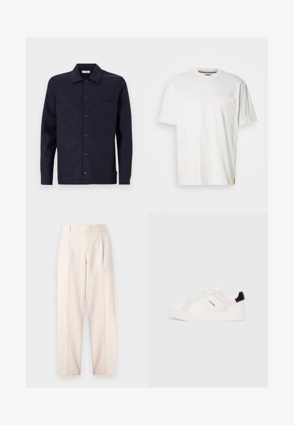 Navy button-up shirt with a classic collar, two front pockets, long sleeves, and a smooth cotton fabric texture.; White cotton t-shirt with a round neck, short sleeves, and a left chest pocket. Features a small logo tag on the side seam.; Beige tailored trousers with a high waist, pleats, and a straight leg design. Made from smooth fabric with side pockets and a clean finish.; White sneakers with light pink and black accents, featuring smooth leather and suede panels, round toe, and flat rubber sole.