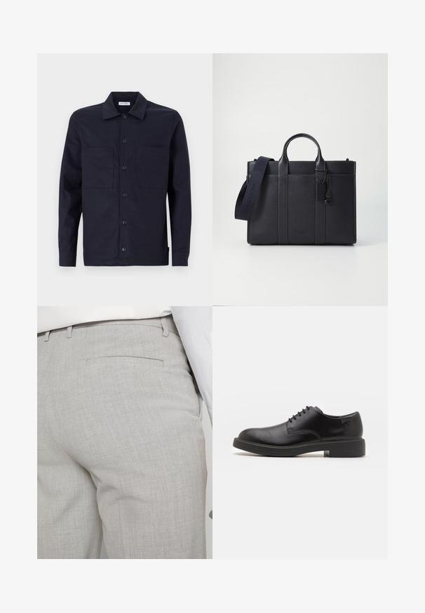 Camicia blu navy con colletto classico, due tasche frontali, maniche lunghe e una texture in cotone liscia.; Pantaloni sartoriali grigio chiaro realizzati in tessuto strutturato, con una tasca posteriore singola e cuciture pulite.; Scarpa nera in pelle con lacci, punta tonda, texture liscia, cuciture minime e tacco in gomma basso. Logo sul tacco.; Cartella in pelle blu scuro con doppio manico superiore e tracolla removibile. Presenta una finitura texturizzata, cuciture verticali e dettaglio del logo.