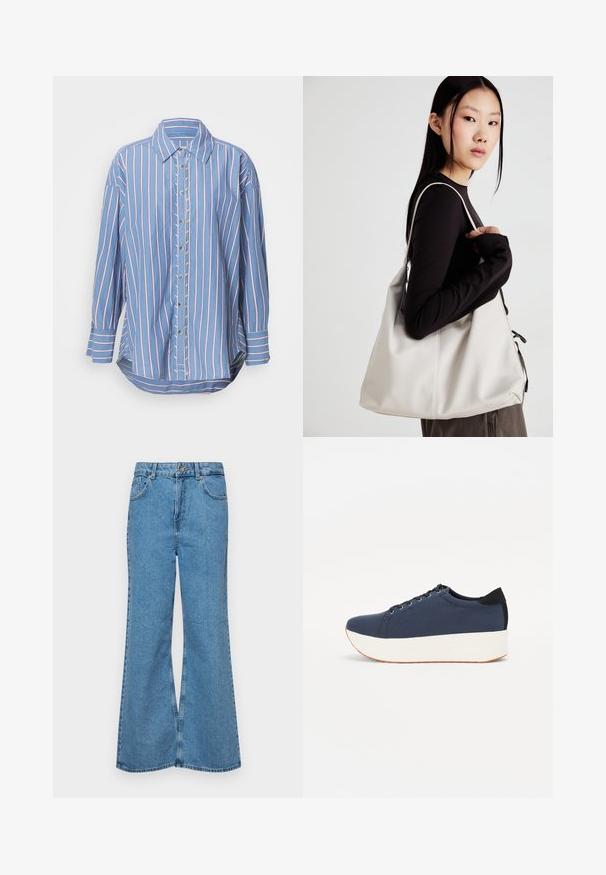 Kék csíkos gombos ing piros és fehér függőleges csíkokkal, hosszú ujjak, hajtogatott gallér és ívelt alsó rész.; Világoskék, trapézszárú farmernadrág, magas derékkal, öt zsebbel és egy gombos záródással. Puha tapintású, magasított effektusú anyag.; Sötétkék sportcipő, texturált szövet felsőrész, fehér platform talp, lekerekített orr és fekete sarok akcentussal. Hat fűzőlyuk található rajta.; Puha anyagból készült bézs kézitáska, laza dizájnnal, varrott részletekkel és két vállpánttal. Mindennapi használatra alkalmas.