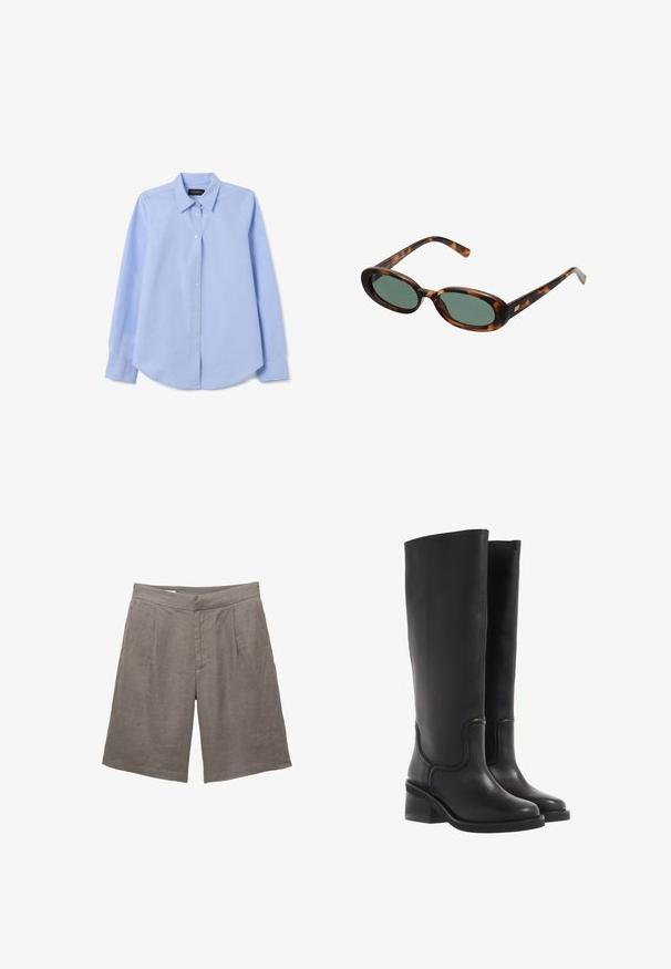 Lichtblauw overhemd met knopen, lange mouwen, klassieke kraag, gladde katoenen stof, voorzien van witte knopen en een relaxte pasvorm.; Bruine lange mouwen top gemaakt van zacht, rekbaar materiaal met een ronde halslijn en een relaxed fit, met een gladde textuur en minimale details.; Grijze linnen shorts met een relaxte pasvorm, voorzien van een platte voorkant, twee voorplooien en zijzakken. Glad textuur zonder zichtbare patronen.; Zwarte leren kniehoge laarzen met een soepele textuur, ronde neus en een chunkyer heel. Heeft subtiele stiksels en een gestroomlijnd ontwerp.; schildpadbril met ovale monturen en groene lenzen. Heeft dunne spijlen met een metalen accent nabij de scharnieren.; Bruine lakleren handtas met een rechthoekige vorm, twee lange handvatten en subtiele gebogen accenten aan de voorkant.