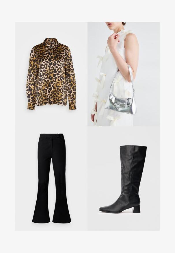 Košile s potiskem leopardí kůže, dlouhé rukávy, zapínání na knoflíky, s kombinací černé, zlaté a krémové barvy na hladkém materiálu.; Černé vysoké rozšířené kalhoty s předními kapsami, poutky na opasek a zipovým zapínáním v přední části, vystavené na jednobarevném pozadí.; Černá kožená botka do poloviny lýtek s špičatou špičkou a blokovým podpatkem na jednoduchém světlém pozadí.; Stříbrná kovová kabelka se strukturovaným tvarem, s horním držadlem a detailem v podobě mašle na přední straně. Hladký povrch, reflexní lesk.