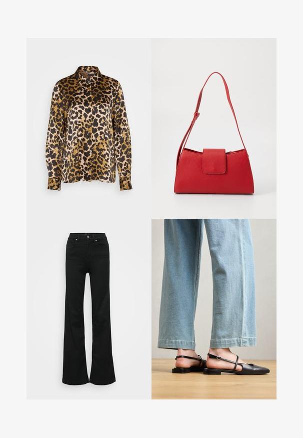 Košile s potiskem leopardí kůže, dlouhé rukávy, zapínání na knoflíky, s kombinací černé, zlaté a krémové barvy na hladkém materiálu.; Černé zvonové džíny vyrobené z denimu, s vysokým pasem, pěti kapsami a kovovým zapínáním. Hladká textura s minimálním zdobením.; Černé kožené boty na klínku s špičatou špičkou, plochým podpatkem a páskem kolem kotníku; nošeny s světle modrými širokými kalhotami.; Červená kožená kabelka se strukturovaným designem, trojúhelníkovým tvarem, nastavitelným ramenním popruhem a uzávěrem na přední klopě. Hladký povrch.; Stříbrné kapkové náušnice se čtvercovou například, s hladkým, lesklým povrchem a kapkovým tvarem, odrážející světlo lesklým povrchem.