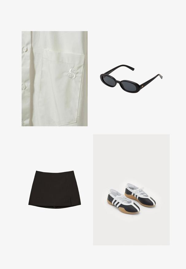 Valkoinen nappikauluspaita, jossa on vasemmalla puolella rintatasku, ja siinä on hillitty kirjailtu logo samansävyisellä valkoisella langalla. Sujuva ja kevyt kangas.; Musta minihame, valmistettu sileästä kankaasta, suora malli sivuhaara leikattuna ja siisti helma. Yksinkertainen ja monipuolinen.; Musta-valkoiset urheilukengät, joissa on sulavalinjainen muotoilu, kumipohja, nauhakiinnitys ja kolme valkoista raitaa sivuilla.; Mustat ylisuuruiset aurinkolasit, jotka ovat soikeat linssit, sileä muovikehys ja kultaiset korostukset temppeleissä. Tummat linssit tarjoavat suojaa auringolta.