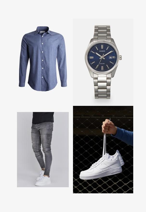 Kék, hosszú ujjú ing, könnyű anyagból készült, klasszikus gallérral, gombos előlappal és fehér gombokkal. Sima tapintású, sokoldalú dizájn.; Fakó szürke farmerből készült skinny farmernadrág, térdén kopott részletekkel, fehér sportcipővel párosítva. Simább anyag, karcsú szabás.; Fehér bőr sportcipők perforációval, kerek orral, lapos talppal és vastag fűzőkkel, látható swoosh logóval és "AIR" felirattal a sarokrészen.; Ezüst színű rozsdamentes acél karóránk sötétkék számlapja van, fém óraszámlálókkal és egy dátumablakkal a 3 órás pozícióban. 50 méterig vízálló.