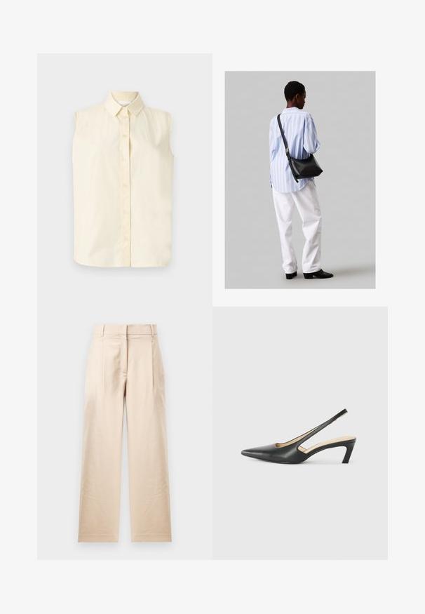 Bez piedurknēm pogu krekls gaiši dzeltenā krāsā, ar klasisku apkakli un piecām priekšējām pogām, ar gludu, teksturētu auduma apdari.; Bežīgas bikses, izgatavotas no gludas auduma. Raksturīga taisna fasona, plakana priekšpuse un divi kroki. Nav redzamu rakstu vai aksesuāru.; Melna, ar smailu purngalu, slingback kurpe ar zemu papēdi, izgatavota no gludas ādas materiāla un ar izgriezumiem sānos gaisa caurlaidībai.; Melna ādas plecu soma ar mīkstu tekstūru, trīsstūra formu un regulējamu siksnu, apvienota ar gaiši zilu svītrotu krekli un baltām biksēm.