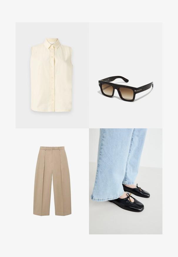 Camicetta senza maniche di colore giallo chiaro, con colletto classico e cinque bottoni frontali, realizzata in tessuto liscio e con finitura testurizzata.; Pantaloni beige a gamba larga appesi verticalmente, caratterizzati da pieghe frontali e una vita piatta, che mostrano uno stile neutro ed elegante.; Ballerine in pelle nera con punta arrotondata, dotate di ritaglio e dettaglio a fiocco, indossate con jeans a gamba larga blu chiaro.; Occhiali da sole tartarugati con montatura quadrata, lenti marroni sfumate e sottili dettagli in oro sugli steli.