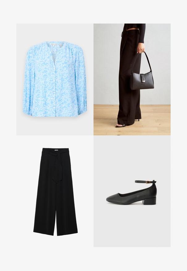 Blusa azzurra con motivo floreale bianco, maniche lunghe, collo rotondo e bottone frontale. Tessuto morbido con leggera trama e dettagli arricciati.; Pantaloni neri a gamba larga caratterizzati da un tessuto testurizzato, una vita elastica e una cintura staccabile per una vestibilità regolabile.; Pump in pelle nera con punta affusolata e tacco basso a blocco. Presenta una cinghia alla caviglia con una fibbia in tonalità oro. Texture liscia.; Borsa nera con forma strutturata, texture liscia e una chiusura metallica. Abbinata a pantaloni neri larghi e sandali open-toe su un pavimento in legno.