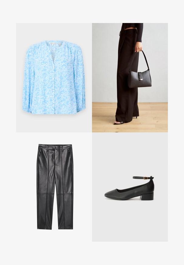 Lys blå bluse med hvit blomstermønster, lange ermer, rund hals og kneppet foran. Mykt stoff med lett tekstur og samlede detaljer.; Sorte lærbukser med en glat tekstur, der har en lige pasform, to forlommer og synlige sømdetaljer.; Sorte skinnpumper med spiss tå og lav blokkhelt. Har ankelrem med gullfarget spenne. Glatt tekstur.; Svart håndveske med strukturert form, jevn tekstur og metallisk lås. Kombinert med brede svarte bukser og sandaler med åpen tå på tregulv.