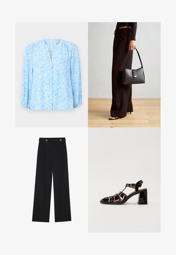 Gaiši zila blūze ar baltu ziedu rakstu, ar garām piedurknēm, apaļu kakla izgriezumu un pogu aizdari priekšpusē. Mīksta auduma ar vieglu tekstūru un sasūkšanās detaļām.; Melnas platās bikses ar augstu jostasvietu, pogu detaļām uz jostas un priekšējām krokām.; Melna lakota augstpapēžu sandale ar atvērtu purngalu, siksniņu dizainu un potītes sprādzi. Apvieno masīlu papēdi un krustenisku augšējo siksnu dizainu.; Melnā somiņa ar strukturētu formu, gludu tekstūru un metālu sprādzi. Saskaņota ar platām melnām biksēm un sandālēm ar atvērtu purngalu uz koka grīdas.