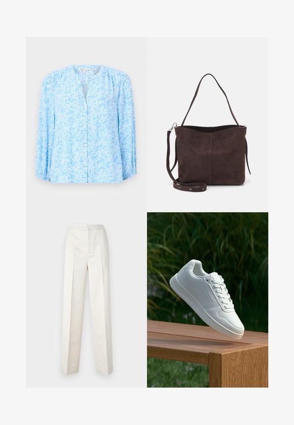 Blusa azzurra con motivo floreale bianco, maniche lunghe, collo rotondo e bottone frontale. Tessuto morbido con leggera trama e dettagli arricciati.; Pantaloni color crema con vestibilità sartoriale, dotati di gamba dritta, tessuto liscio, pince frontali e orlo pulito. Design minimalista.; Sneaker bianco con tomaia in sintetico liscio, punta perforata, lacci piatti e suola testurizzata, esposto su una superficie di legno.; Borsa a spalla in suede marrone con una texture morbida, caratterizzata da una singola tracolla e un'apertura superiore leggermente curvata. Nessun dettaglio hardware visibile.
