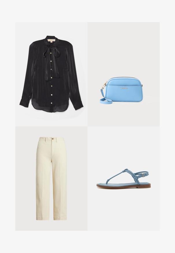 Černá dlouhá blůza s dlouhým rukávem vyrobená z hedvábné tkaniny se zavázaným výstřihem, zlatými knoflíky a mírně zakřiveným spodním lemem. Hladká textura s jemným leskem.; Béžové kalhoty vyrobené z bavlny, s rovnými nohavicemi, jedním knoflíkem na zapínání a viditelnými předními záhyby. Čistý lem a žádné vzory.; Modré kožené žabky s plochou podrážkou, které mají štíhlý design popruhů a sponu na kotníku pro bezpečné upevnění.; Svetle modrá kožená crossbody taška se zlatými kovovými doplňky, zipovým uzávěrem a přední kapsou. Obsahuje nastavitelné ramenní popruh pro pohodlí.