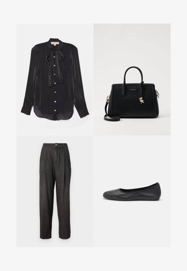 Blouse noire à manches longues en tissu soyeux avec un col noué, des boutons dorés et un ourlet légèrement courbé. Texture lisse avec un éclat subtil.; Pantalon en denim gris foncé à taille haute, avec des plis à l'avant, des jambes droites et une fermeture à un bouton à la taille.; Ballerines en cuir noir avec un bout rond, texture lisse, détails de couture minimalistes et design de semelle flexible.; Sac à main en cuir noir avec un design structuré, deux poignées supérieures, une bandoulière amovible, des accessoires en or et un pendentif avec le logo.