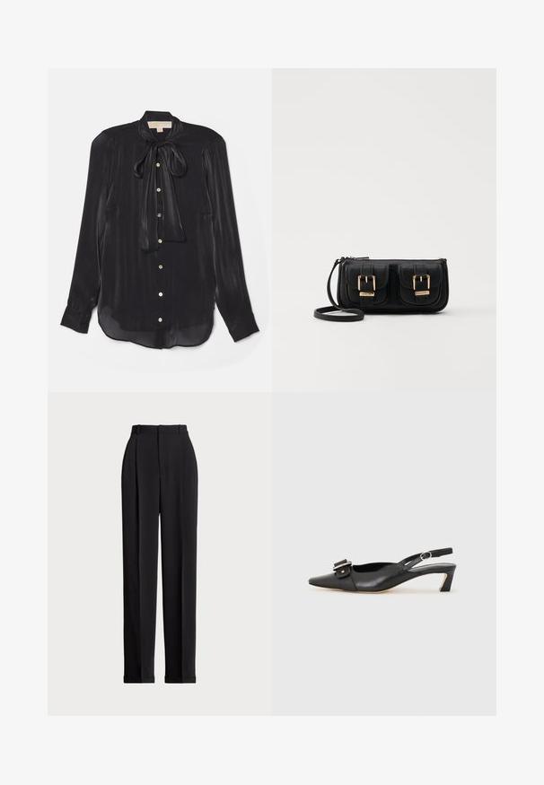 Zwarte blouse met lange mouwen, gemaakt van zijdeachtige stof, met een geknoopte halslijn, gouden knopen en een licht gebogen zoom. Glad textuur met subtiele glans.; Zwarte op maat gemaakte broek met een hoge taille, voorzien van plooien aan de voorkant, een recht gesneden ontwerp en een omslagrand. Gemaakt van een soepele stof.; Zwarte leren slingback schoen met scherpe neus, kleine hak en decoratieve gespdetails op de bovenkant. Stijlvolle textuur, minimalistisch ontwerp.; Zwarte leren schoudertas met twee vo pockets, gouden gespen, ritsluiting en een smalle band. Tekstuur oppervlak en compacte rechthoekige vorm.