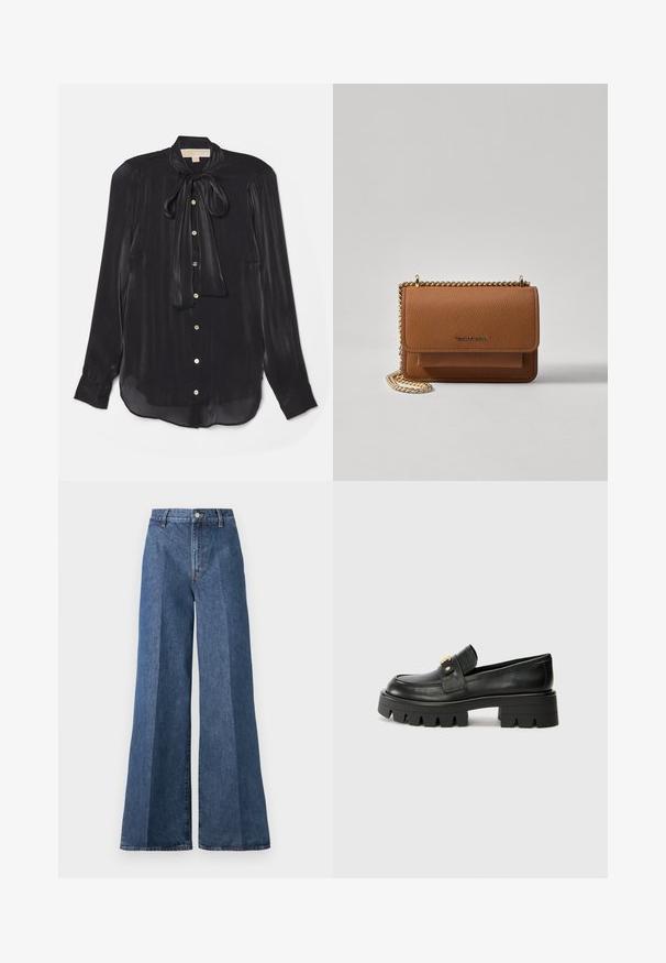 Blusa nera a maniche lunghe realizzata in tessuto setoso con scollo annodato, bottoni dorati e orlo leggermente curvo. Tessuto liscio con una sottile lucentezza.; Jeans in denim blu a gamba larga con vita alta, caratterizzati da un classico stile a cinque tasche e chiusura con bottone, realizzati in tessuto di cotone testurizzato.; Mocassini in pelle nera con suola spessa, caratterizzati da un accento dorato nella parte anteriore e una finitura liscia. Design della suola con profilo spesso.; Borsa a tracolla in pelle marrone con texture, dotata di catena dorata e chiusura a pattina. Sul davanti presenta un dettaglio con logo e una tasca sotto la pattina.