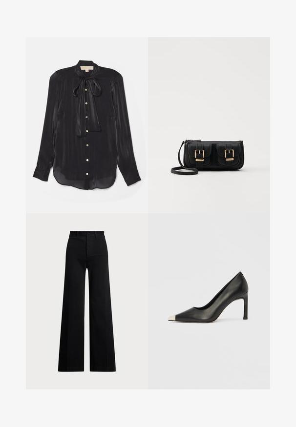 Black long-sleeve blouse made of silky fabric with a tied neckline, gold buttons, and a slightly curved hem. Smooth texture with subtle shine.; Black wide-leg pants made of woven fabric, featuring a high waist, front button closure, and side pockets. Smooth texture with clean lines.; Black leather high heel shoe with a pointed toe and a metallic silver cap. Features a smooth finish and a slender 10 cm heel.; Black leather crossbody bag with two front pockets, gold buckles, zipper closure, and a slim strap. Textured surface and compact rectangular shape.