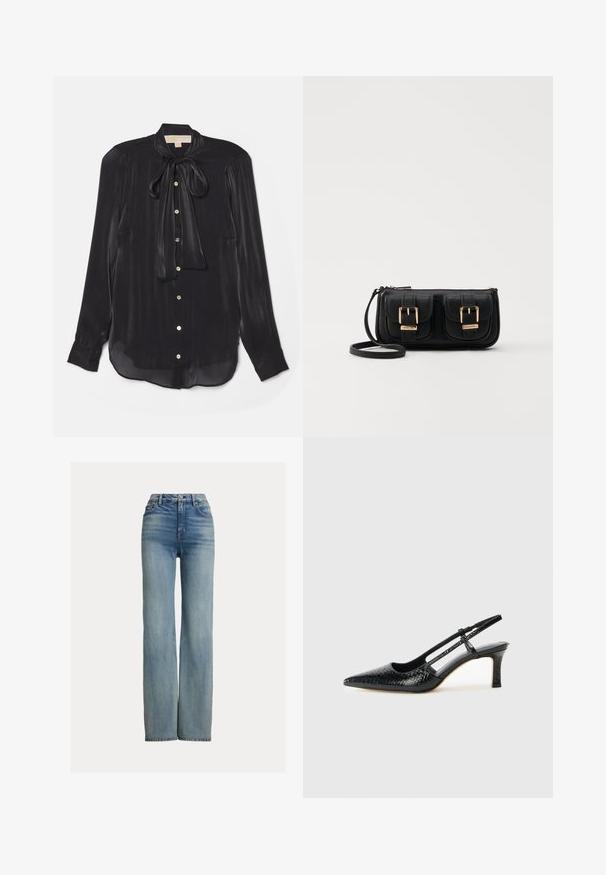 Blusa preta de mangas longas feita de tecido sedoso com decote amarrado, botões dourados e uma bainha ligeiramente curvada. Textura suave com brilho sutil.; Jeans azuis de cintura alta e perna reta com bolsos frontais, passantes para cinto e fecho de botão, apresentando um leve efeito desbotado.; Salto slingback em patente preta com bico apontado, apresentando um padrão de pele de cobra texturizado, tira ajustável e um salto bloco curto e texturizado.; Bolsa de ombro em couro preto com dois bolsos frontais, fivelas douradas, fecho de zíper e uma alça fina. Superfície texturizada e forma retangular compacta.
