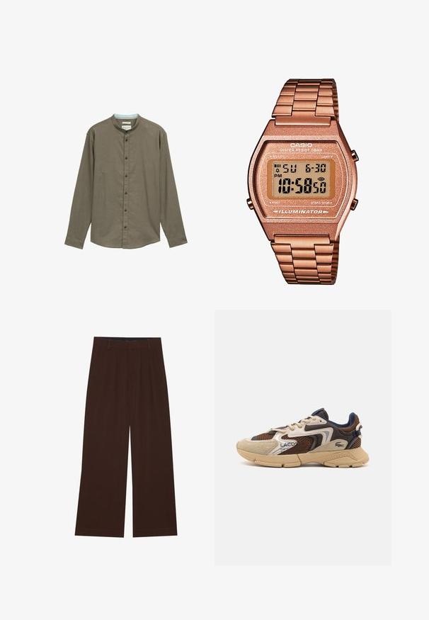 Barna, hosszú ujjú ing mandarin gallérral, gombos elejével és finom textúrával. Sötét gombokkal és világoskék belső gallérral rendelkezik.; YOURTURN UNISEX 3 PACK BASIC OVERSIZED T-SHIRT - Basic póló - dark brown/off-white/dark grey; Barna, széles lábú nadrág, plisszézett részleggel. Simább anyagból készült, szabott derékkal és oldalsó zsebekkel rendelkezik. Lapos szegéllyel az alsó részen.; Beige és barna sportcipő, textúrált hálós panelek, velúr díszítések és gumitalp jellemzi. Fűzős dizájnnal és márkázott részletekkel rendelkezik.; Digitális Casio óra rózsaarany fém szíjjal, téglalap alakú házzal, megvilágított kijelzővel és vízállósággal, mutatja az időt és a dátumot.
