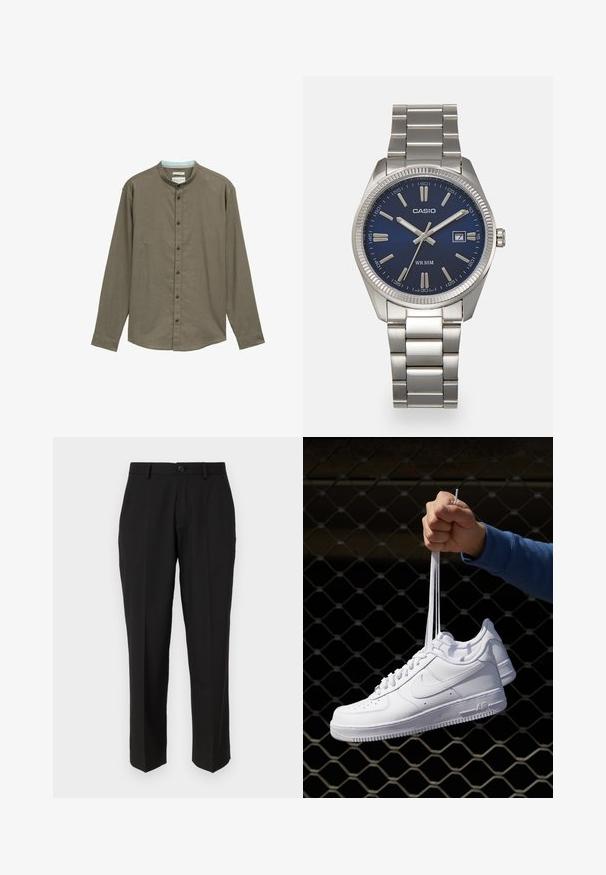 Braunes Langarmhemd mit Stehkragen, Knopfleiste und subtiler Textur. Verfügt über dunkle Knöpfe und einen hellblauen Innensaum.; Schwarze Hosen aus glattem Stoff mit geradem Bein, Fronttaschen, einem einzigen Knopfverschluss und ohne sichtbare Muster.; Weiße Leder-Sneaker mit Perforationen, runder Zehenpartie, flacher Sohle und dicken Schnürsenkeln, mit sichtbar eingesticktem Swoosh-Logo und "AIR" an der Ferse.; Silberner Armbanduhr aus Edelstahl mit einem dunkelblauen Zifferblatt, metallischen Stundenmarkierungen und einem Datumsfenster bei 3 Uhr. Wasserdicht bis 50 Meter.
