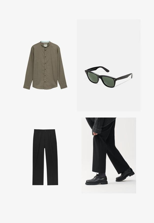 Hnedá košeľa s dlhým rukávom a mandarin golierom, s gombíkovým zapínaním a jemnou textúrou. Obsahuje tmavé gombíky a svetlomodrý vnútorný golier.; Čierne nohavice s rovnými nohavicami, vyrobené z hladkej tkaniny. Majú predné puky a jediné gombíkové zapínanie v páse.; Čierne kožené topánky s okrúhlou špičkou, viazaním a hrubou, štruktúrovanou podrážkou. Nosené s upravenými čiernymi nohavicami a rebrovaným sveterom.; Čierne plastové slnečné okuliare so zelenými šošovkami, štvorcové rámy, strieborný akcent na obočí a textúrované ramenné opierky. Brand uvedený na vnútornej strane ramien.