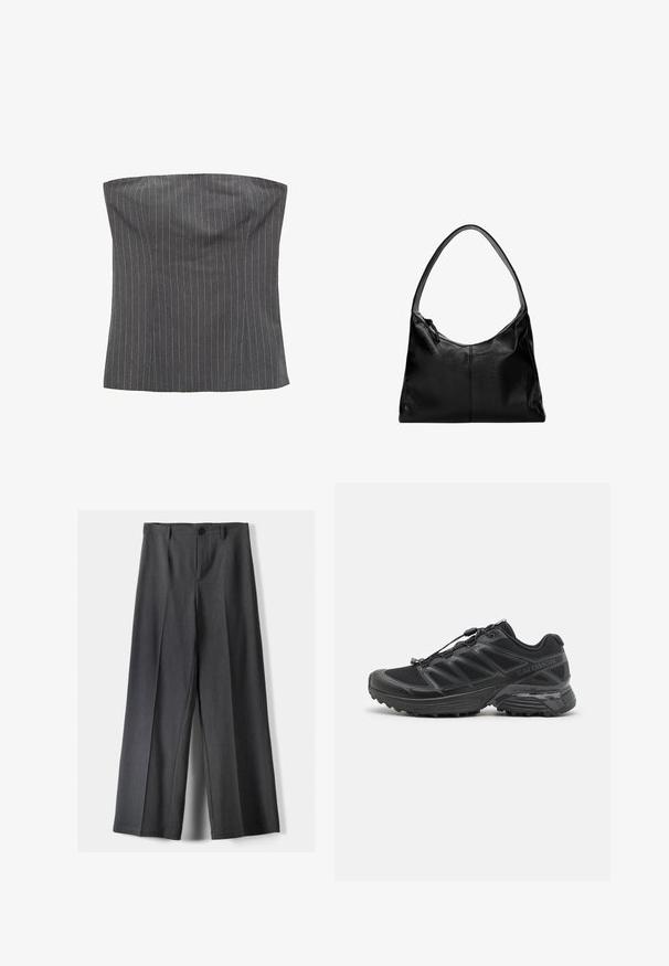 Mango Bluse - grey; Weite Beinhosen aus dunkelgrauem Stoff mit Knopfverschluss, vorderen Falten und Gürtelschlaufen. Glatte Textur mit maßgeschneidertem Design.; Schwarzer Laufschuh mit Obermaterial aus Mesh und Synthetik, flexibler Sohle und elastischen Schnürsenkeln. Verfügt über eine gepolsterte Zwischensohle für zusätzlichen Komfort.; Schwarze Leder-Umhängetasche mit glatter Textur, geschwungenem oberen Rand und einem einzigen Tragegurt. Sie verfügt über einen Reißverschluss und ein minimalistisches Design.