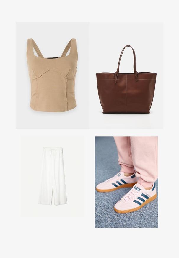 Bežani uski top s širokim naramenicama, glatkom teksturom, zakrivljenim šavovima i prilagođenim dizajnom. Bez vidljivih kopčanja ili ukrasa.; Bijele široke hlače s remenom za podešavanje struka, prikazane na jednostavnoj pozadini, naglašavajući njihov opušteni stil i teksturu tkanine.; Svijetlosmeđi suede tenisice s tamnoplavim kožnim prugama i gumene potplate. Karakteristike uključuju ravne vezice i brendiranje na strani i jeziku.; Smeđi kožni torba s dvostrukim ručkama, s kontrastnim šavovima i prostranim dizajnom, pogodna za svakodnevnu upotrebu.