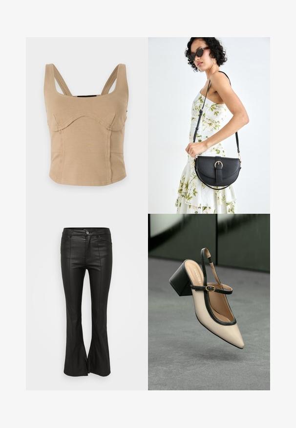 Bežani uski top s širokim naramenicama, glatkom teksturom, zakrivljenim šavovima i prilagođenim dizajnom. Bez vidljivih kopčanja ili ukrasa.; Crne hlače s flared krojem, sjajnom, kožnom teksturom, s prednjim džepovima, kopčanjem na gumb i bočnim prorezima na rubu.; Bež sandala s visokim potpeticama, otvorenom petom, šiljastim vrhom, crnim rubom i detaljem kopče. Glatki materijal s mat završnom obradom, srednja blok potpetica.; Crna kožna torba s lukovitim oblikom, odvojivim remenom i zlatnim detaljima. Torba ima preklop s kopčom.