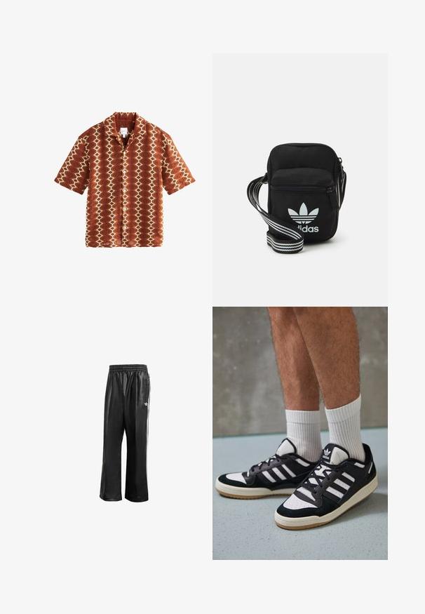 Next STRIPE SHORT SLEEVE - Košile - rust orange; Černé syntetické sportovní kalhoty s elastickým pasem, se bílými postranními pruhy a malým bílým logem na levém boku.; Černobílé tenisky s vrchní částí z semišové a kožené kůže, včetně tří bílých pruhů, perforovaného špičky a podrážky z gumy.; Černá crossbody taška z látky se zipovým uzávěrem, obsahující bílé logo Adidas a pruhovaný nastavitelný popruh pro snadné nošení.