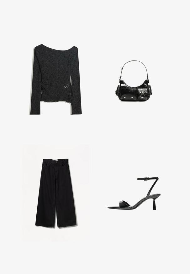 Langärmeliges schwarzes Oberteil aus strukturiertem Stoff mit einem Bootsausschnitt und seitlichem Schlitz, das über ein zerknittertes Muster verfügt.; Bershka WIDE-LEG - Wide Leg - black; Bershka High Heel Sandalette - black; Schwarze Lackleder-Handtasche mit geschwungenem Design, einem Schulterriemen, Vordertaschen und silberfarbenen Hardware-Akzenten.