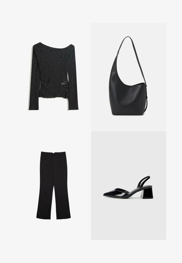Černý top s dlouhými rukávy vyrobený z texturované tkaniny s lodním výstřihem a detailem bočního rozparku, se zvrásněným vzorem po celém povrchu.; Černé kalhoty s rovným střihem, s předními kapsami a bočními rozparky na lemu. Vyrobené z jemné, hladké tkaniny. Vhodné na různé příležitosti.; Černé lakované kožené lodičky na pásku s špičatou špičkou a geometrickým blokovým podpatkem. Vyznačují se elegantním, minimalistickým designem a hladkým povrchem.; Černá kožená hobo taška s hladkým povrchem, zakřiveným tvarem a jedním nastavitelným popruhem; má široké otevírání nahoře.
