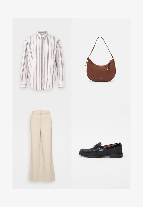 Camicia button-up con righe verticali in rosa, grigio e bianco. Presenta un colletto, maniche lunghe e una tasca sul petto sinistro. Materiale in cotone.; Pantaloni beige a gamba larga con una texture liscia, caratterizzati da una vita alta e due tasche frontali. Design pulito con una vestibilità sartoriale.; Mocassini neri slip-on realizzati in tessuto testurizzato con un accento in pelle lucida e dettagli di cucitura sottili, caratterizzati da un tacco in gomma basso.; Borsa a spalla in finta pelle marrone con forma curvata, cuciture minime e un accento in metallo dorato. Presenta una chiusura con zip superiore e una tracolla regolabile.