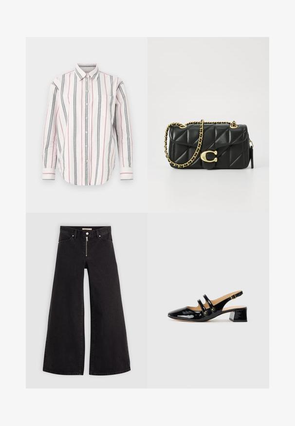 Nööpidega särk, millel on vertikaalsed triibud roosas, hallis ja valges. Omab kraed, pikki varrukaid ja vasakul rinnal taskut. Siidist materjal.; Laiad teksad mustast denimist, millel on lukuga eesmine osa, viie taskuga disain ja peened õmblusdetailid. Sile tekstuur ja juhuslik stiil.; Must lääkelipik kingad mustast patendinäpuust, terava nina, kahe rihma detail, kullast ringikujulised aksessuaarid ja madal plokknina.; Mustad kootud nahast käsitasku, millel on kuldne ahelaga rihm ja klambri sulgemine, millel on ringikujuline aksessuaar. Kompaktne ristkülikukujuline kuju.