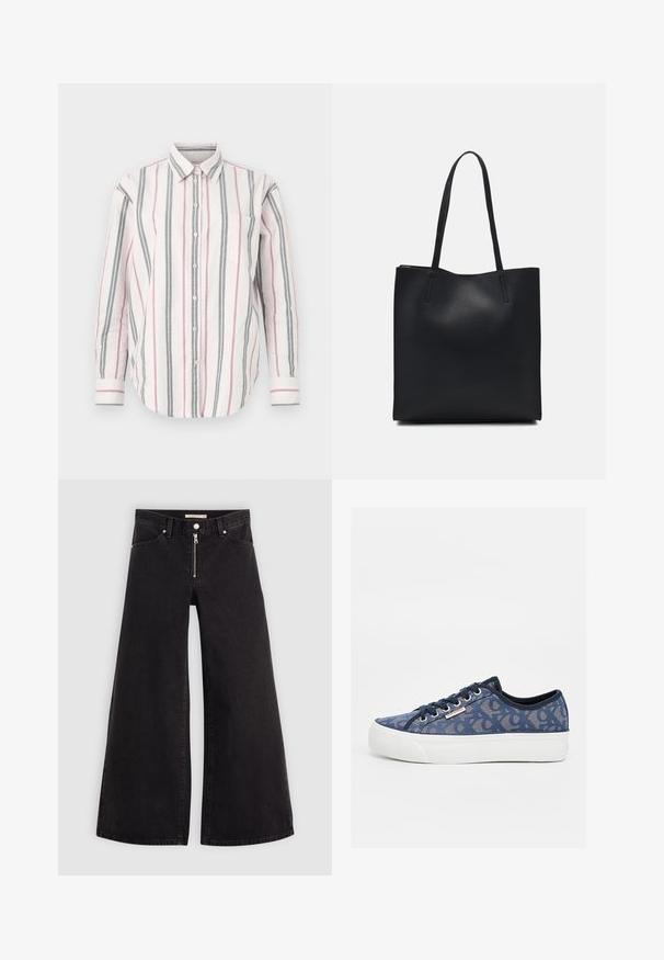 Button-up Hemd mit vertikalen Streifen in Rosa, Grau und Weiß. Verfügt über einen Kragen, lange Ärmel und eine linke Brusttasche. Aus Baumwollmaterial.; Schwarze Denim-Jeans mit weitem Bein, Reißverschluss vorne, Fünf-Taschen-Design und dezenten Stickdetails. Glatte Textur und lässiger Stil.; Marineblaue Canvas-Sneaker mit Musterdesign, weißer Gummisohle und schwarzen Schnürsenkeln. Verfügt über ein kleines Logo an der Seite.; Schwarze Laptoptasche aus Leder mit glatter Textur, rechteckiger Form und zwei langen Griffen. Keine sichtbaren Beschläge oder Verzierungen.