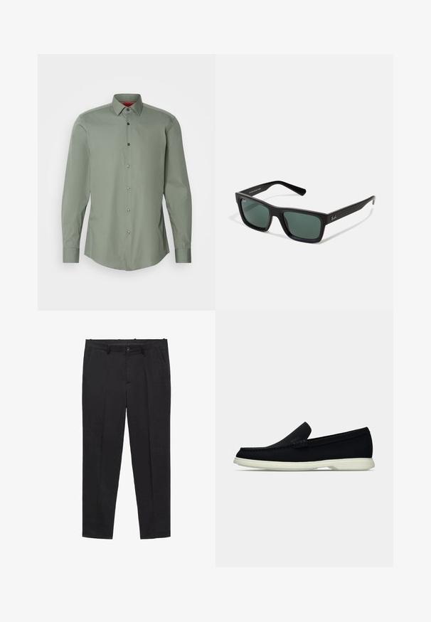Dlouhý rukáv, košile v tlumené zelené barvě, z lehkého materiálu. Obsahuje klopu s knoflíky, šedé knoflíky a zakřivený lem.; Černé upravené kalhoty vyrobené z hladké látky, s plochým předním dílem, poutky na opasek a bočními kapsami. Design s přímým střihem nohavic.; Černá nazouvací bota s kulatou špičkou, má texturovaný svršek, hladkou bílou podrážku a subtilní značkový detail na boku.; Černé obdélníkové sluneční brýle se zelenými skly, s matným povrchem, rovnými nožkami a logem Ray-Ban na boční straně.