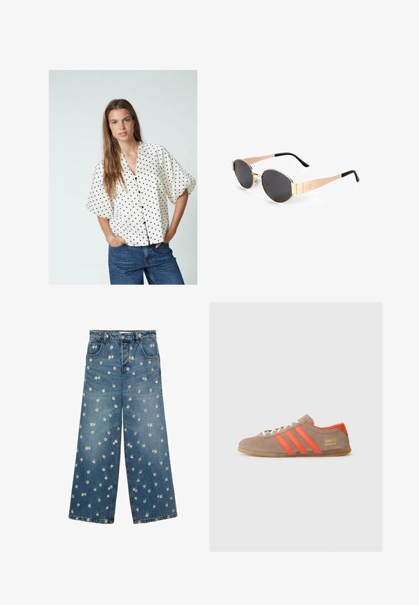 White blouse with black polka dots, short puff sleeves, button front, and a rounded collar, paired with blue jeans.; Blue denim wide-leg jeans featuring a floral embroidery pattern with small daisies scattered across the fabric.; Brown suede sneaker with three bright orange stripes, lace-up front, and golden "Gazelle" branding on the side. Flat gum sole.; Gold-tone oval sunglasses with dark lenses, featuring a sleek design, thin arms, and a black accent at the temple. Model number L37.