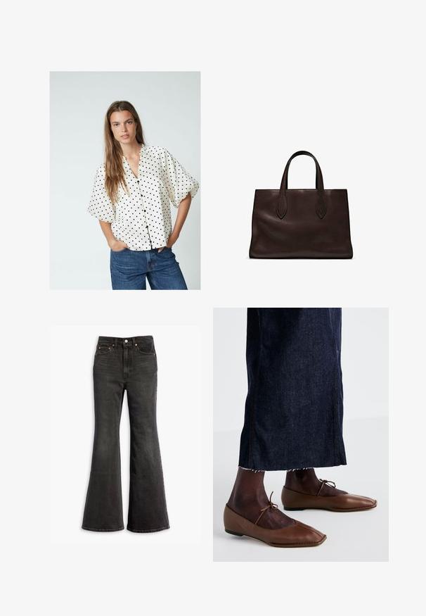 Blouse blanche à pois noirs, manches bouffantes courtes, boutonnière à l'avant et col arrondi, associée à un jean bleu.; Jean en denim noir taille haute avec une jambe évasée, conception à cinq poches et accents en rivets cuivrés.; Ballerines en cuir marron avec un bout pointu et un détail de lacet, associées à une jupe en denim foncé avec un ourlet effiloché et des coutures sur les côtés.; Sac tote en cuir marron avec deux poignées allongées, forme rectangulaire structurée, texture lisse et détails de couture subtils.; Boucles d'oreilles en argent avec une rangée de pierres claires et un pendentif en cristal rond suspendu à chacune. Métal poli, design épuré.