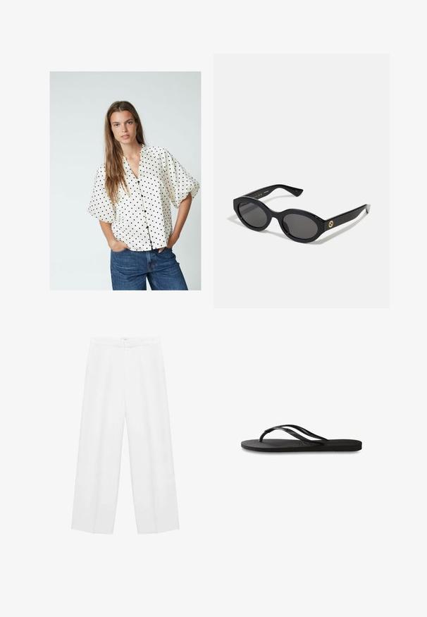 Blusa blanca con lunares negros, mangas cortas abullonadas, botón frontal y cuello redondeado, combinada con jeans azules.; Pantalones blancos de pierna ancha con una textura suave, que cuentan con una cintura alta y dos bolsillos laterales. Diseño simple sin patrones visibles.; Chanclas negras con suela de goma texturizada, dos tiras delgadas y un sutil detalle de logo en relieve en la tira.; Gafas de sol negras en forma ovalada con lentes oscuros y montura de plástico brillante. Presenta un logo dorado en la patilla, ofreciendo un diseño elegante y moderno.