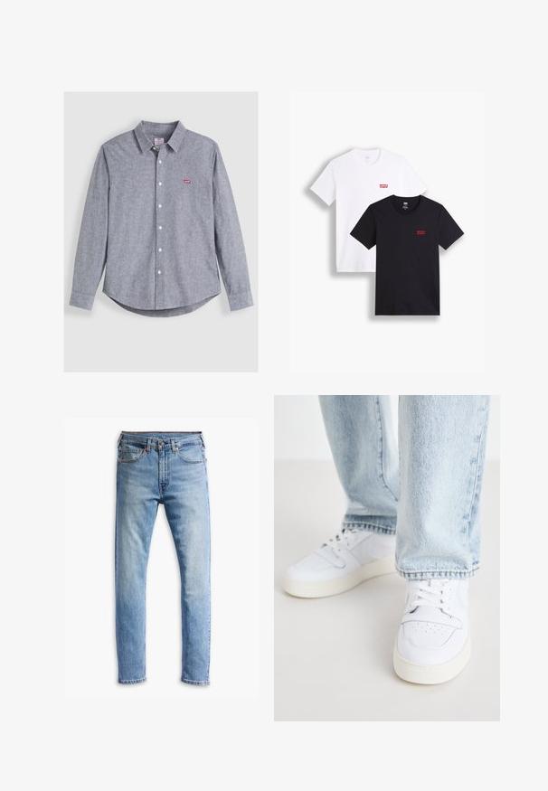 Pilkos spalvos ilgos rankovės marškiniai su apykakle, kuriuose yra mažas raudonas logotipas ant krūtinės, pagaminti iš tekstūruoto audinio su baltais mygtukais.; Du mieli trumpi rankoviai marškiniai: vieni balti, kiti juodi. Abu pagaminti iš medvilnės, su raudona Levi's logotipu ant krūtinės. Paprastas apvalaus kaklo dizainas.; Šviesiai mėlynos džinsinės kelnės su tiesiu kirpimu, penkiomis kišenėmis, mygtukų uždarymu ir subtiliu išblukimu per audinį.; Balti odiniai žemi modeliai kedai su perforuota nosimi, plokščiomis raištelėmis ir minimalistiniu dizainu. Suderinti su šviesiai mėlynomis džinsinėmis kelnėmis.